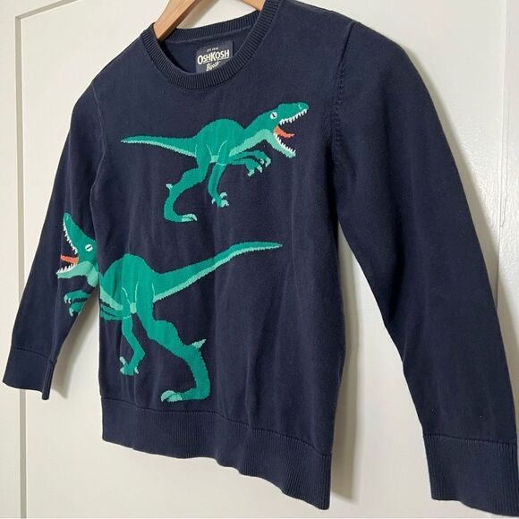 OshKosh B'Gosh Sweater Boys Size 8 Navy Blue Dinosaur Dino Crew Neck Cotton - Picture 3 of 8
